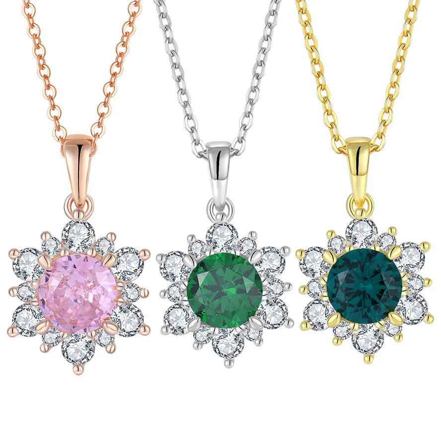 YILUN 925 Sterling Silver Flower Design Pendant Necklace Colored Cubic Zirconia Gemstones Birth Month Flower Necklace for Women