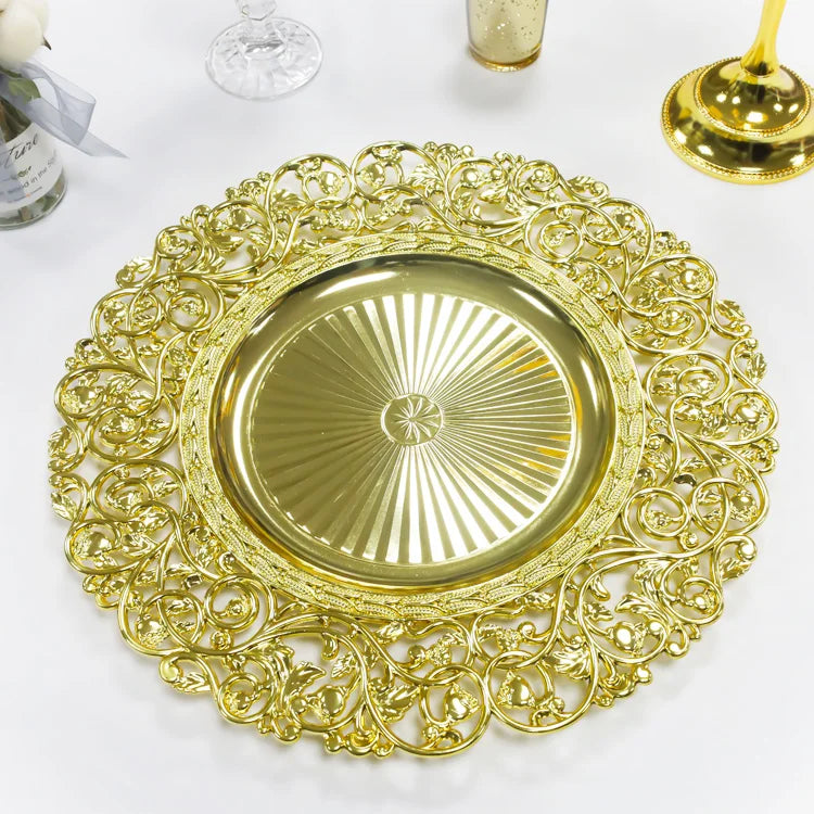 Wholesale 37cm Round Antique Dish Eco-Friendly Fancy Plastic Dinner Charger Plates Rose Gold Silver Gold for Wedding Decorations