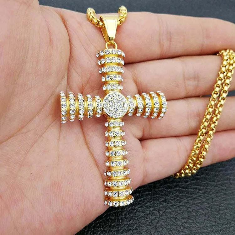 Hip Hop Stainless Steel Jewelry 18k Gold Gothic Big Zircon Diamond Cross Necklace