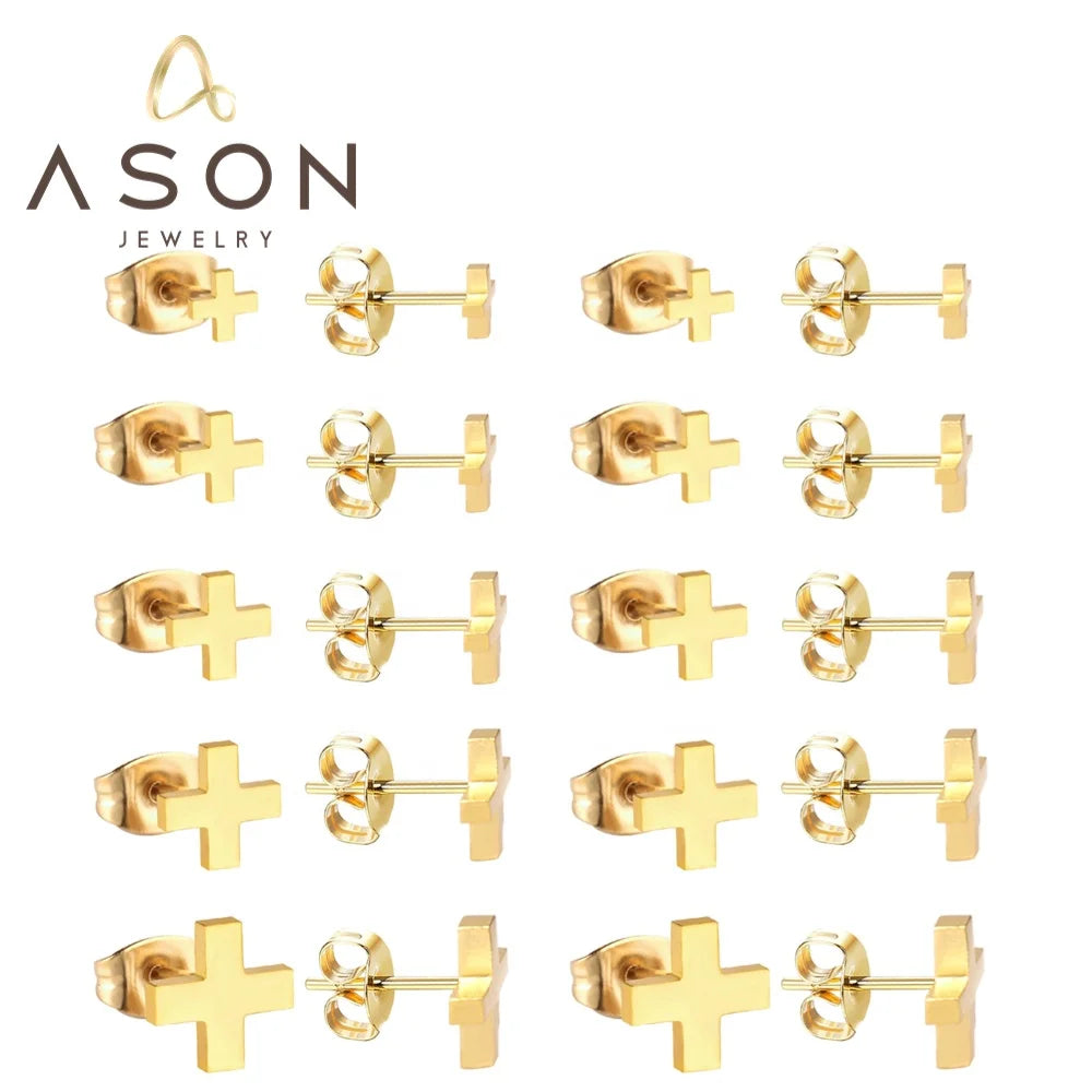 Ason Jewelry Fashion Hot Sale PVD Gold Plated Stud Earrings 4mm-8mm Size Stainless Steel Cross Stud Earrings