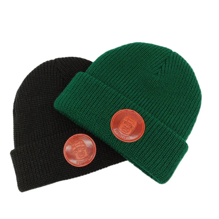 Custom Leather Patch Winter Sport Hat Men Winter Knit Beanies