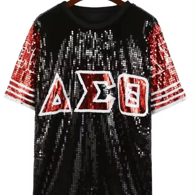 European American Quality T-Shirt With Heavy Letter Embroidery and Beaded Sequins Casual Short-Sleeved O-Neck Style