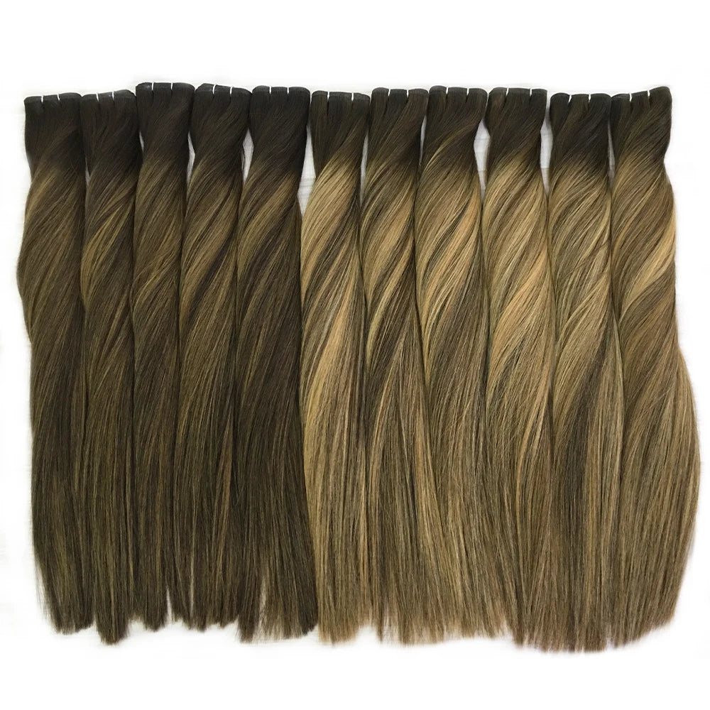 Top Quality European Hair Cuticle Aligned Dark Balayage Color Double Drawn Genius Weft Hair