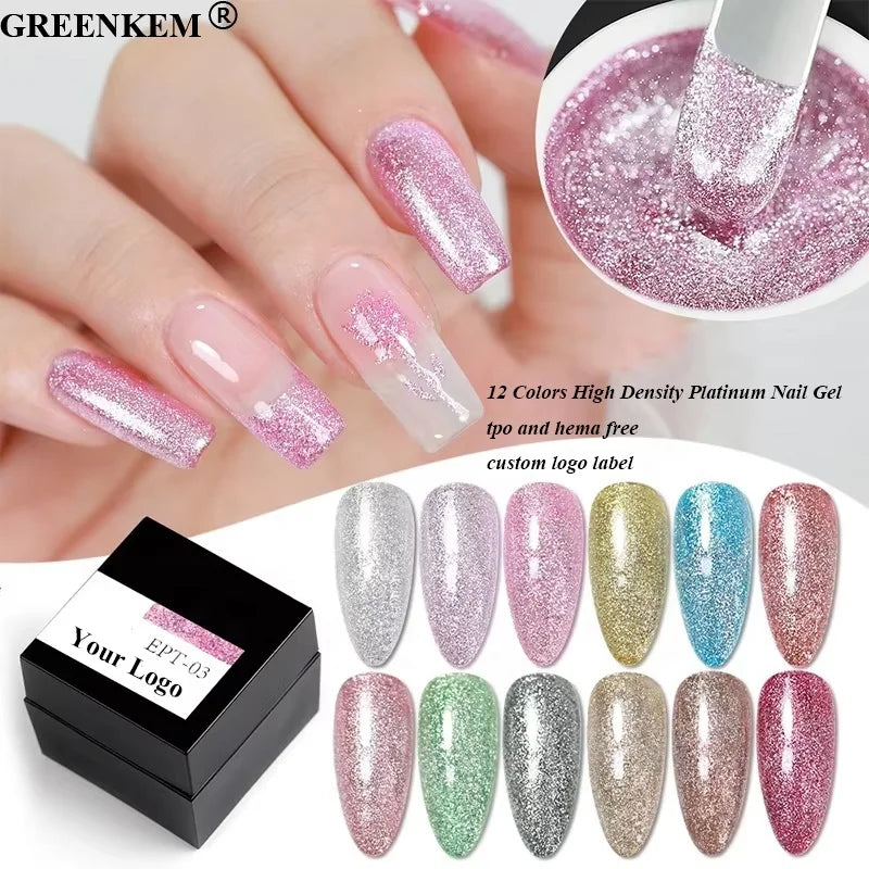 New 12 Colors High Density Platinum Nail Gel Flash Glitter Silver Sequin Nail Gel Polish Colored Flash Painting Nail Gel