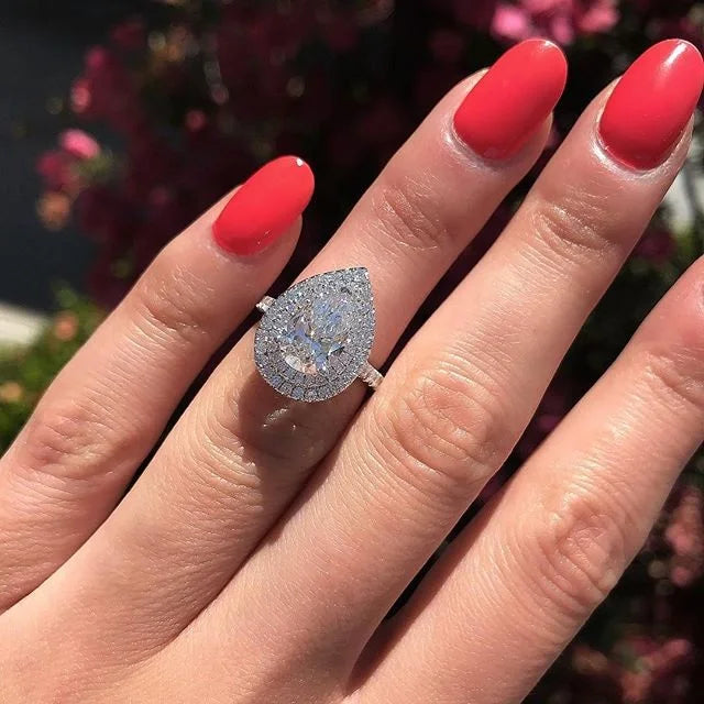 Huitan Elegant Wedding Large Pear Zircon Double Layer Micro Pave Anillo Girls Lady Women Silver Water Drop Rings