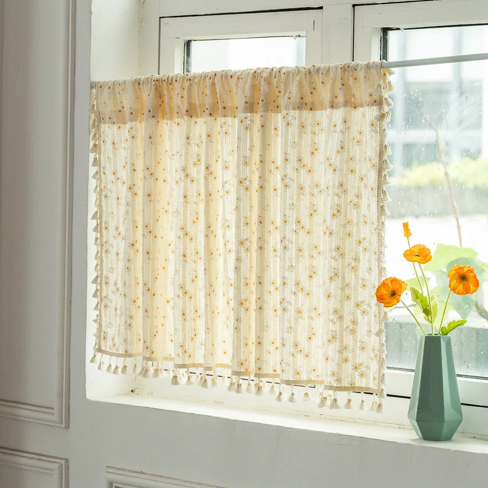Farmhouse Valance Curtain for Kitchen Windows Rustic Daisy Floral Valances with Tassel Decorative Short Window Curtains