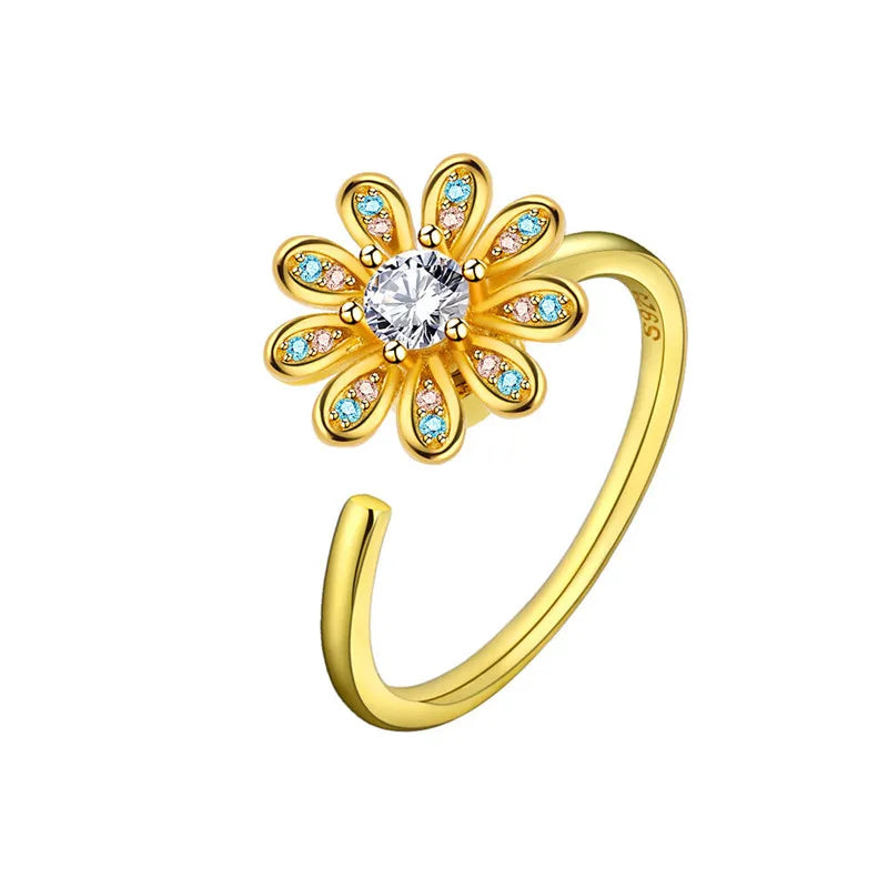 Hot Sale Adjustable Open Rotatable Cubic Zirconia SunFlower Spinner Fidget Anxiety Ringfor Women Calming Worry Meditation Gift