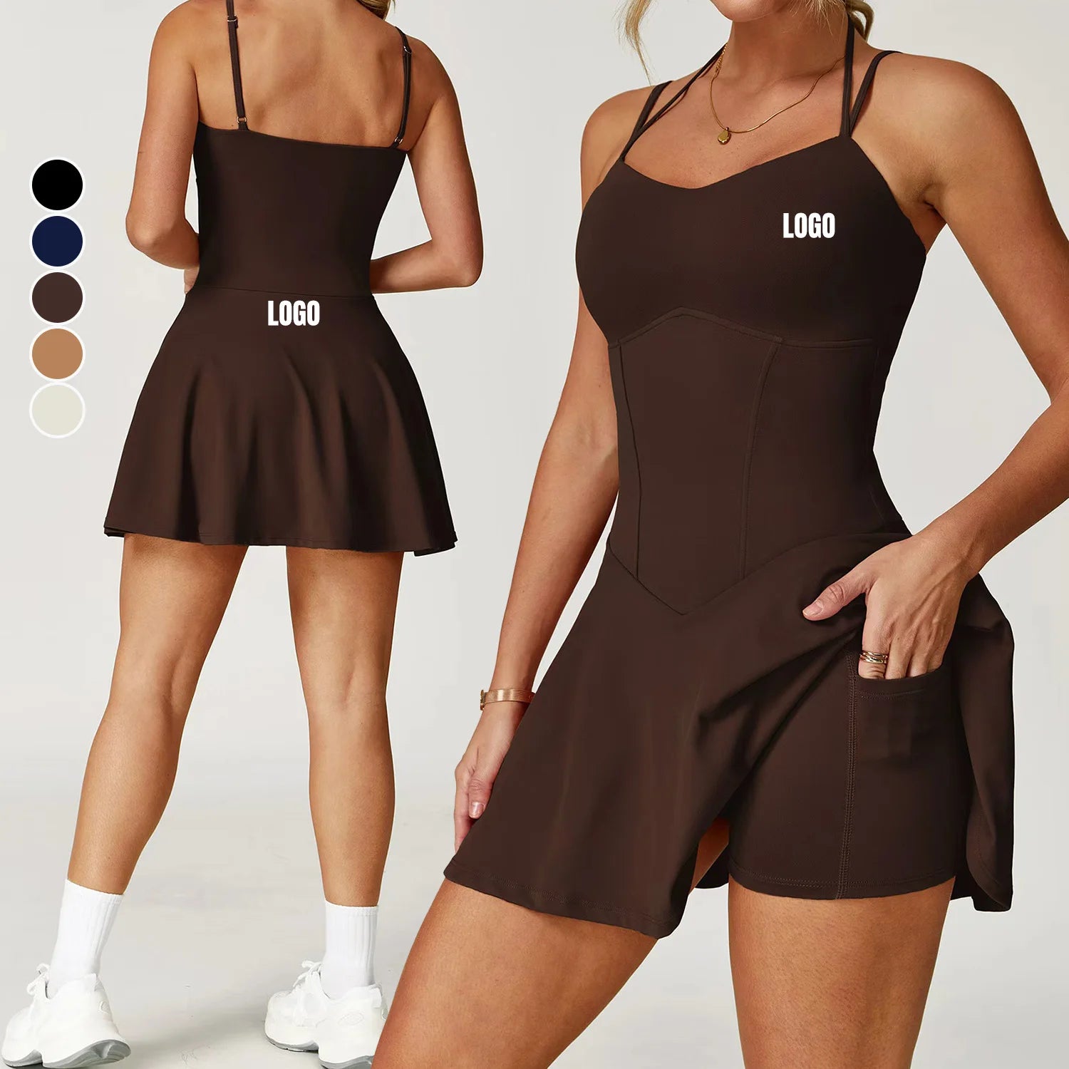 Custom Logo Women's Anti-Exposure Pocket A-Line Short Dress Sexy Backless Quick Dry Breathable 4-way Stretch Skin Friendly