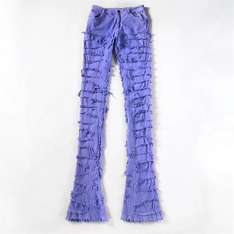 Topshow OEM Patchwork Distressed Denim Flared Stacked Jeans Men Frayed Jeans Men Stacked Pants