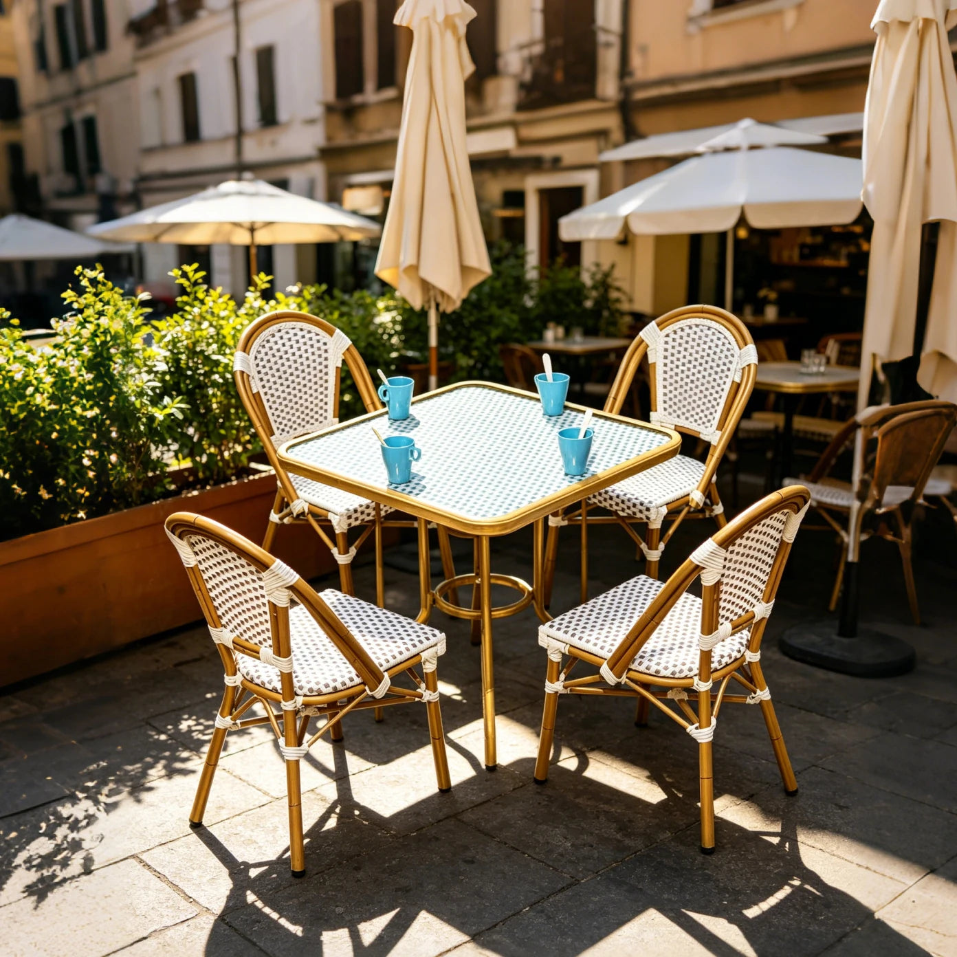 Modern French Style Outdoor Rattan Patio Furniture for Dining for Restaurants Coffee Shops Gardens and Courtyards