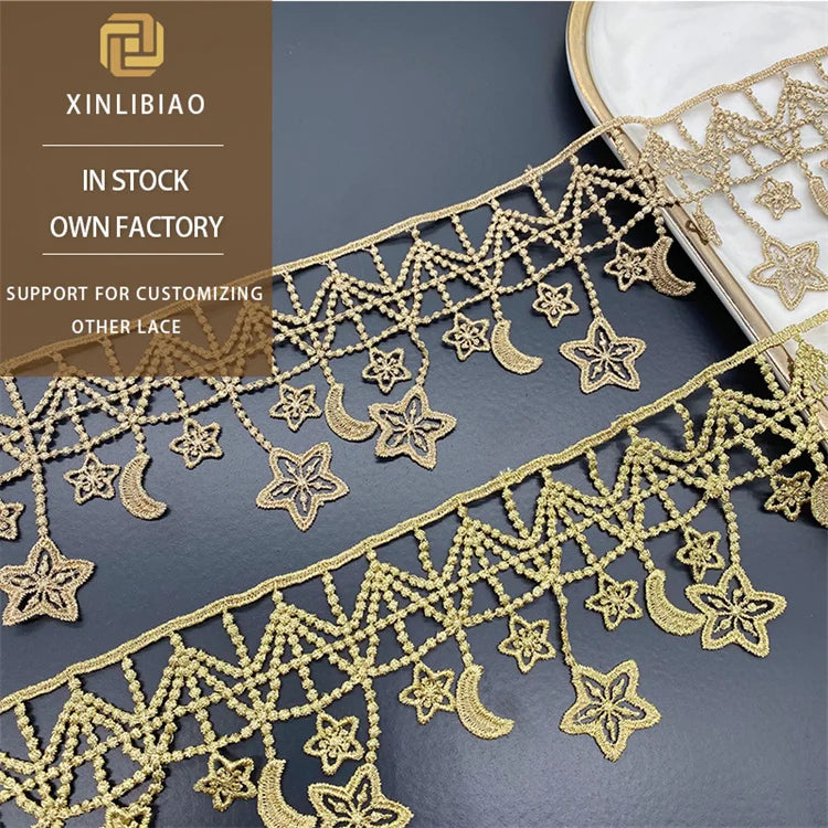 Wholesale Golden Fringed Lace Embroidered Star-shaped Sewn Lace Edging Water-soluble Polyester Multi-color Lace