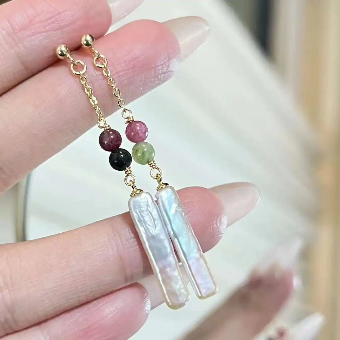 4mm Natural Tourmaline with Brass Baroque Earring Wire Gold Plated AAAA Freshwater Baroque Pearl Women's Earrings