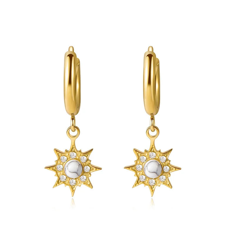 Vintage Ins French Girls Hoop Pendent Charm Natural Stone Star Moon Earring