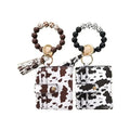 Hot Sale Women's Classic Silicone Beads Bracelet Pu Leather Animal Pattern Tassel Wristlet Wallet Keychain Reusable