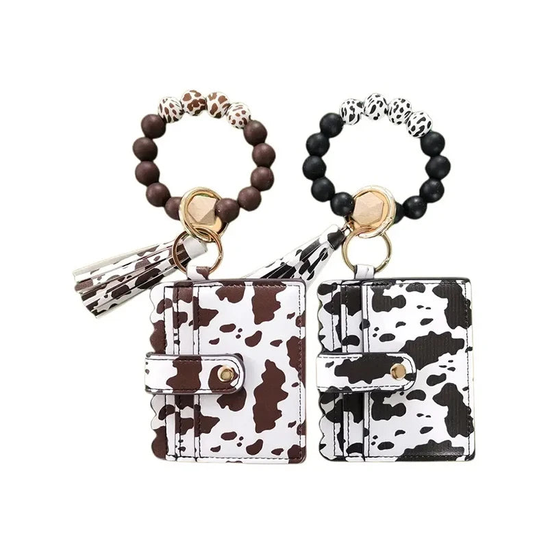 Hot Sale Women's Classic Silicone Beads Bracelet Pu Leather Animal Pattern Tassel Wristlet Wallet Keychain Reusable