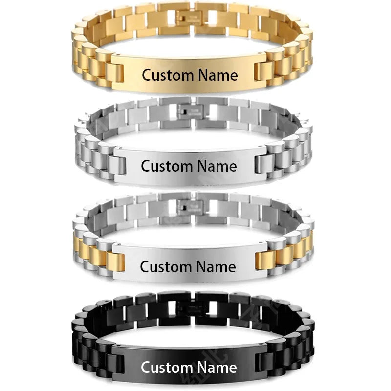 PVD Gold Plated Stainless Steel Men Bracelet Fashion Jewelry Strap Curved  Engraved Name Custom Watch Band Bracelet