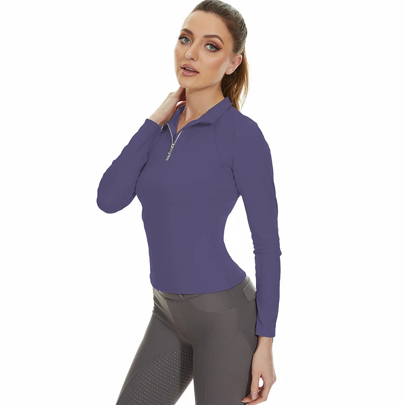 Factory Riding Tops Wholesale Horse Riding Long Rleeve Shirt Women Purple Baselayer Top Western Equestrian Shirts With Zip