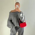 Truen 2024 Women's Casual Leisure Knitted Sweater Suit Solid Color Two-Piece Set Off-the-Shoulder Long Sleeve Top Fitting for