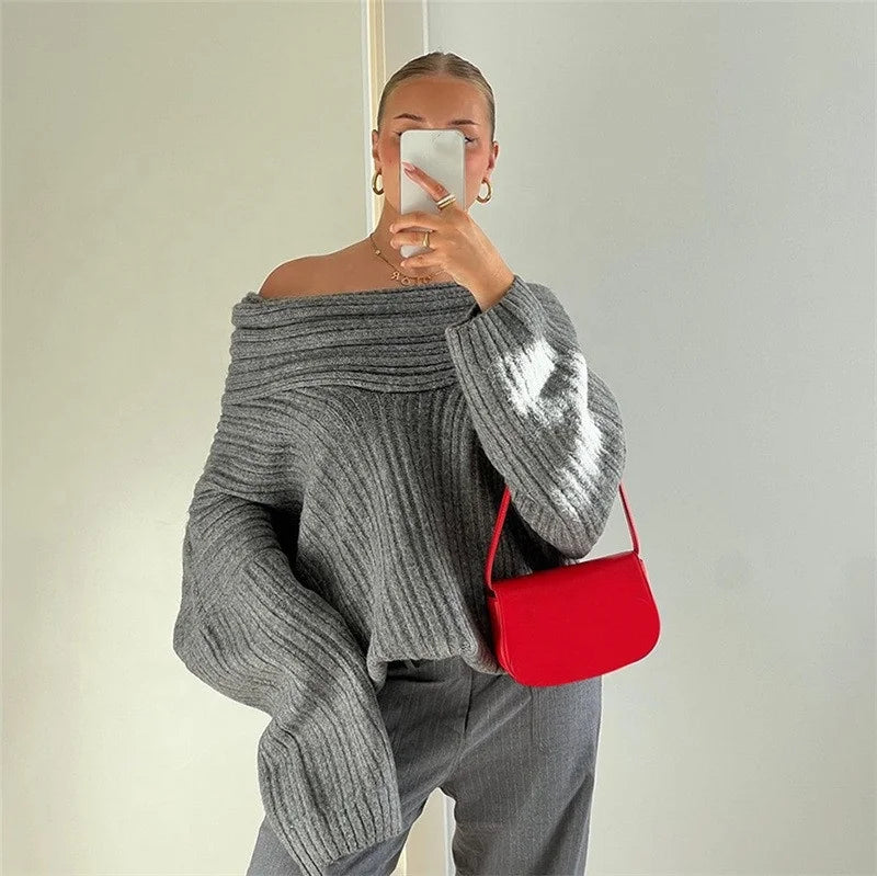 Truen 2024 Women's Casual Leisure Knitted Sweater Suit Solid Color Two-Piece Set Off-the-Shoulder Long Sleeve Top Fitting for