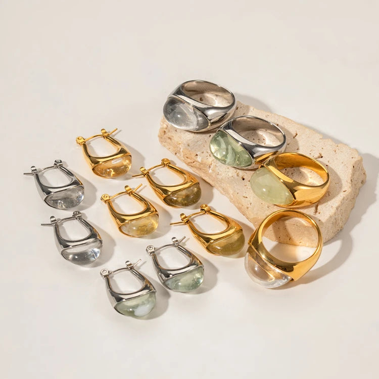 Y073 New Arrival Women Dainty Jewelry U Shape Golden Green Resin Hoop Earring PVD 18k Gold Plated Stainless Steel Resin Earrings