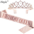 Rose Gold Birthday Queen Sash & Rhinestone Tiara 16th 18th 20th Girls Birthday Gifts Glitter Birthday Sash Party Favors SD496
