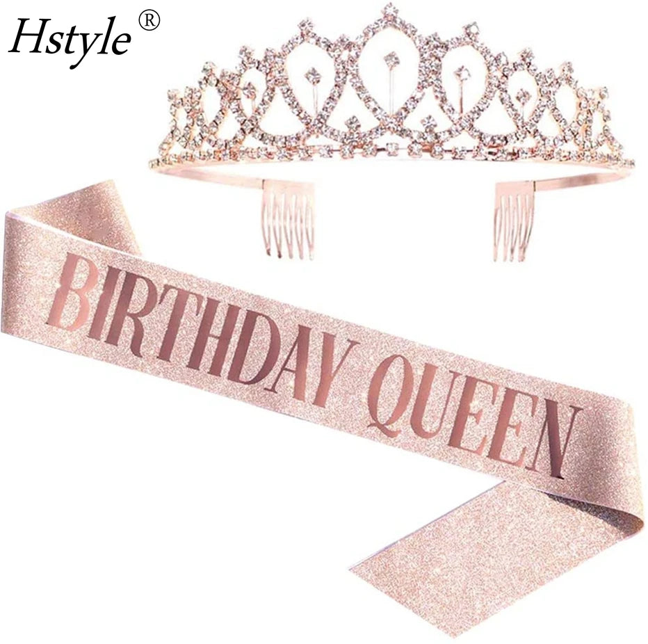 Rose Gold Birthday Queen Sash & Rhinestone Tiara 16th 18th 20th Girls Birthday Gifts Glitter Birthday Sash Party Favors SD496