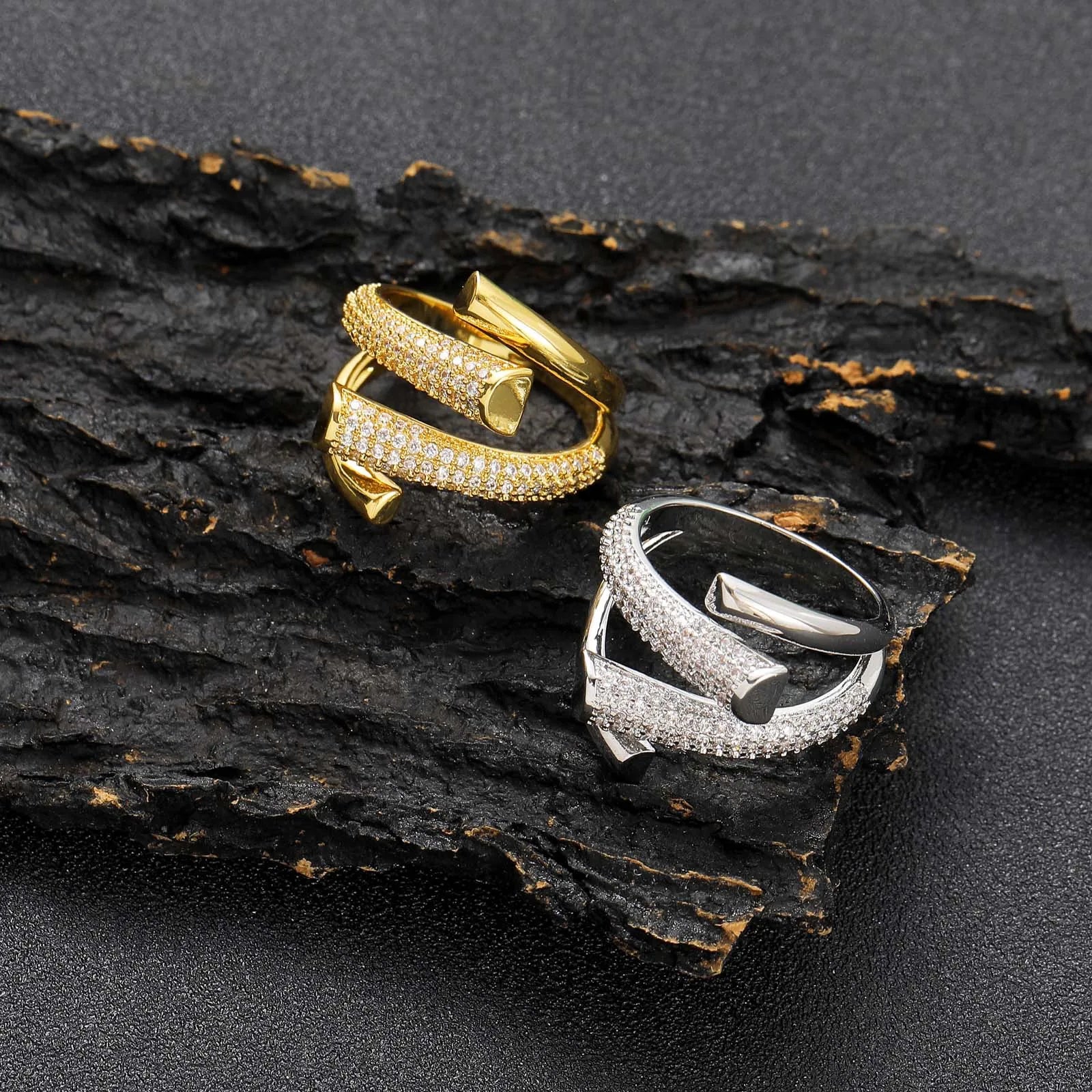 TOP ICY Unique Design Half Diamond Irregular Shape Men's Ring Iced Out Brass 18K Gold Plated CZ Adjustable Luxury Men Ring