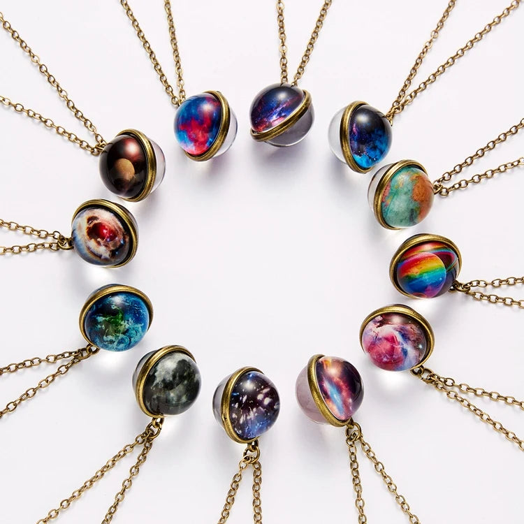 Best Selling Fancy Starry Moon Earth Planet Round Glowing in the Dark Glass Ball Pendant Women Necklace Jewelry for Girl Gift