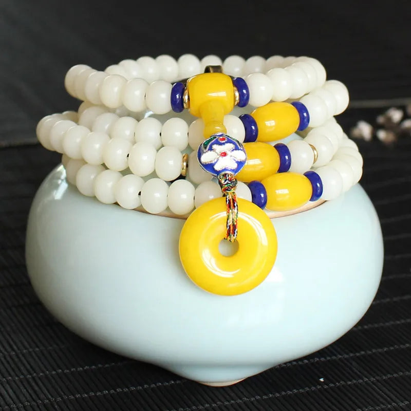 Wholesale White Bodhi Yellow Chalcedony Pendant Bracelets 108 Buddha White Jade Bodhi Barrel Beads Bracelet