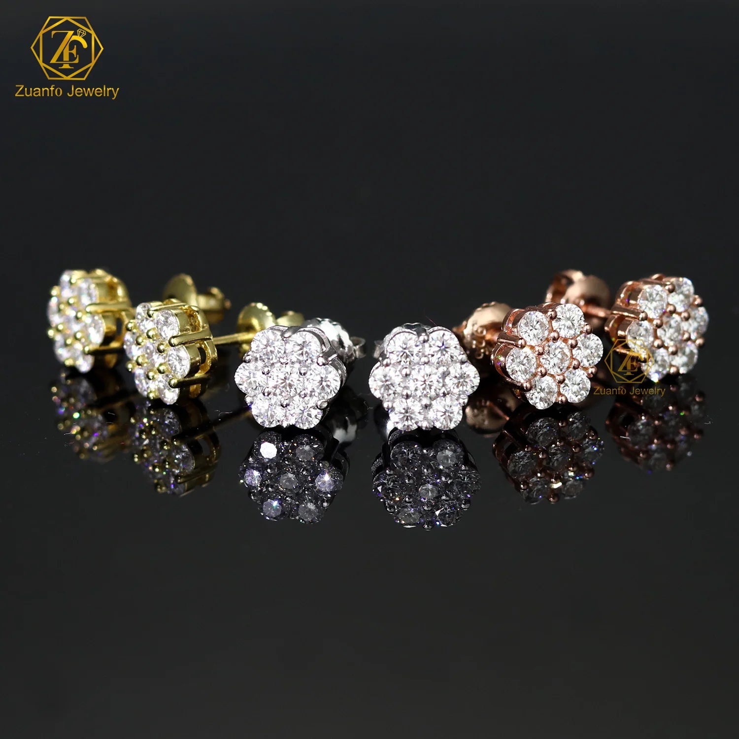 Cluster Flower S925 VVS Moissanite Earrings Men Hiphop 925 Sterling Silver Moissanite Stud Earrings with GRA Certificate