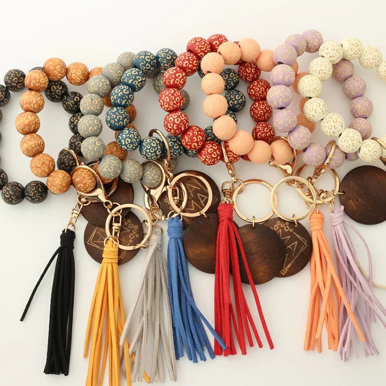 Hot Beaded Silicone Keychain Leopard Dark Wood Wood Bead Wristlet Keychain with Wood Disc