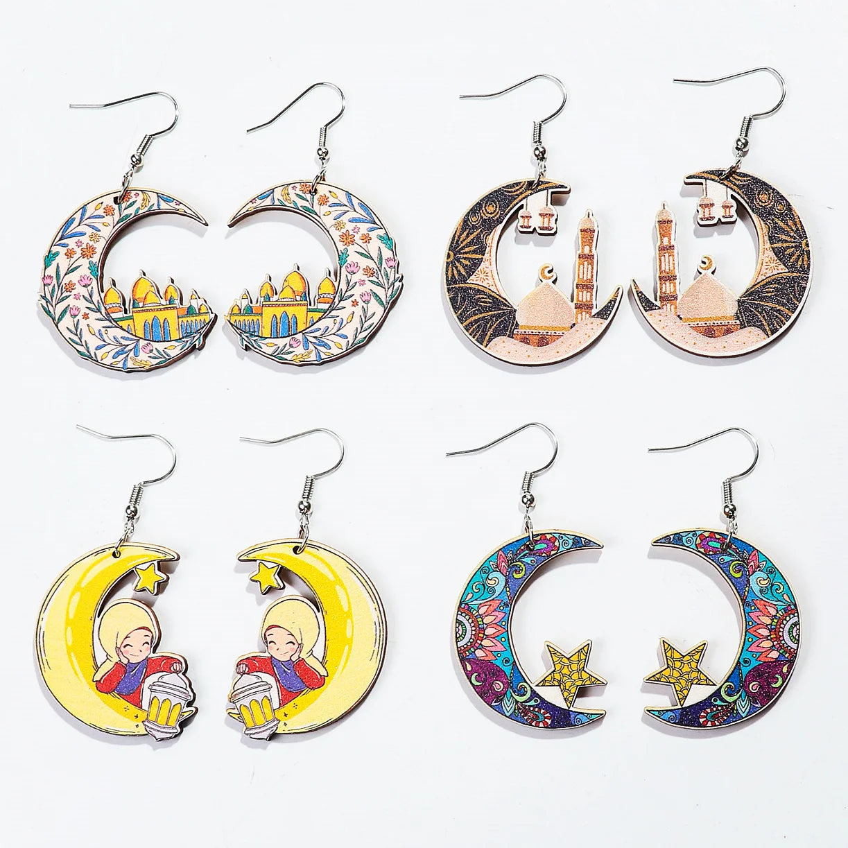 Ethnic Style Islamic Holiday New Ramadan Earrings for Girls Hot Sale Hollow Moon Cartoon Flowers Stars Lantern Wood Earrings