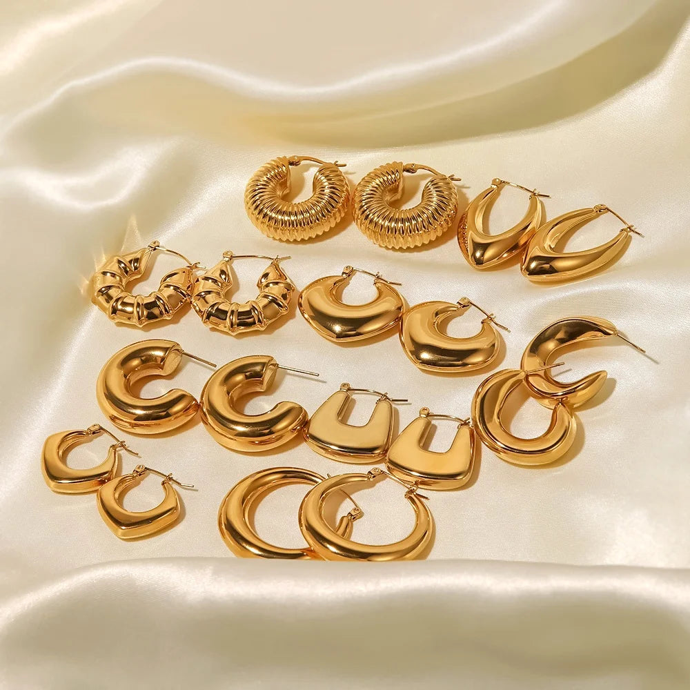 Hypoallergenic Heart Geometric C 18k PVD Gold Plated 316L Stainless Steel Chunky Hollowed Statement Earrings