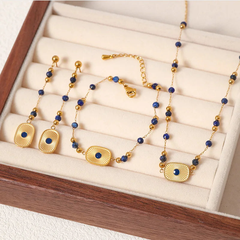 Stainless Steel Lapis Lazuli Minimalist Bracelet Earrings Necklace Delicate Natural Stone Jewelry Set