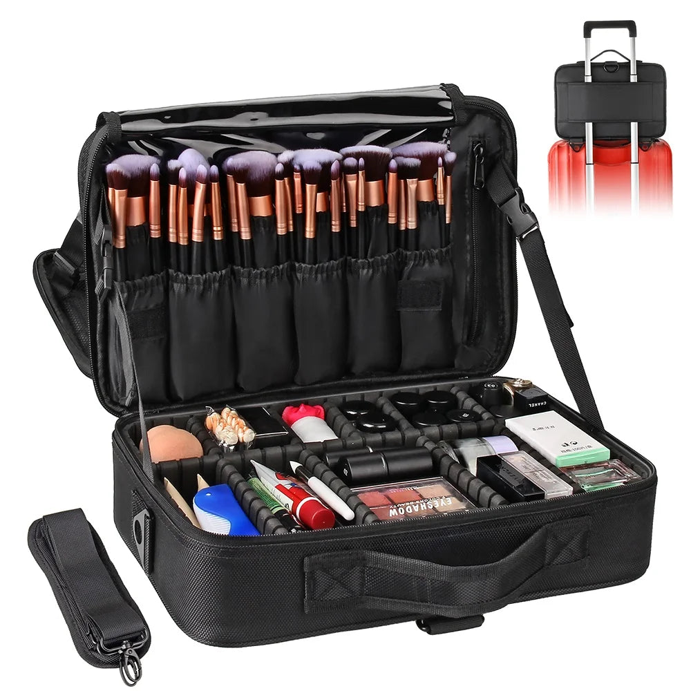 For Relavel Portable Makeup Vanity Organizer Case Black Cosmetic Brush Holder Storage Box Large Capacity Zipper Closure Nylon