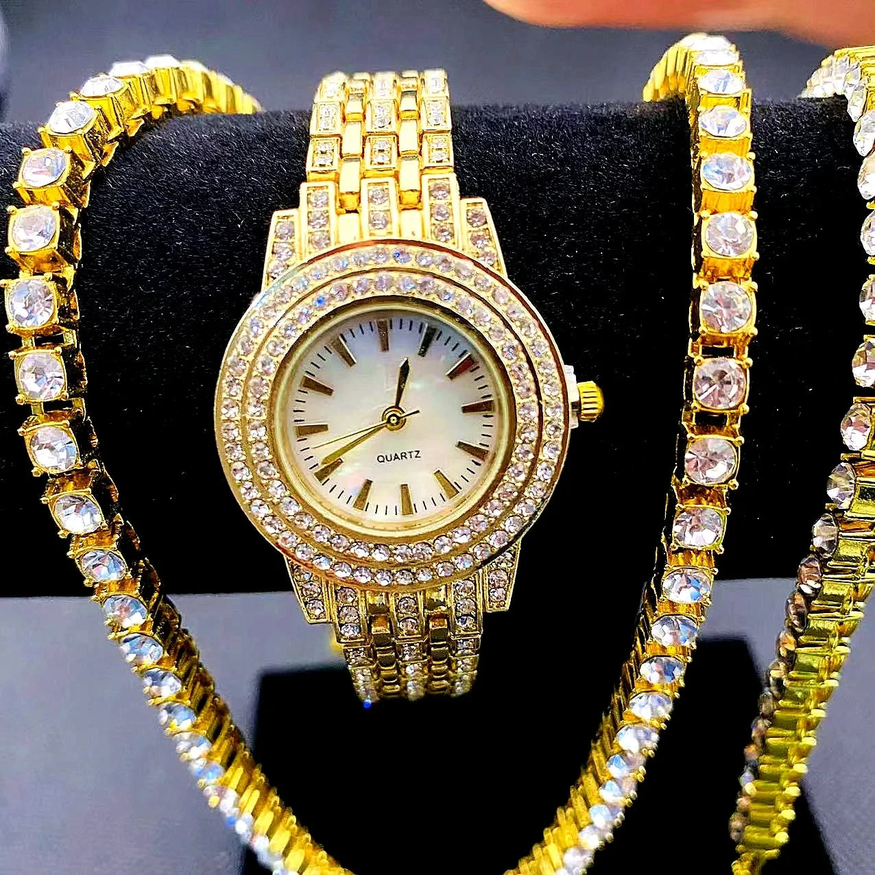 3pcs Luxury Iced Out Watch for Women Men Diamond Jewelry Set Link Chain Bracelet Necklace Bling CZ Watch Women Reloj Mujer