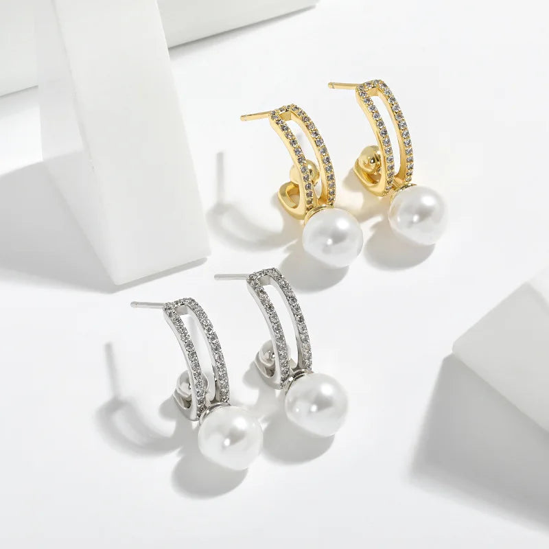 Chunky Fashion Chic Alloy Material Gold Color Zircon Mother of Pearl Beads 925 Silver Pin Tassel Dangle Hoop Earring Jewelry