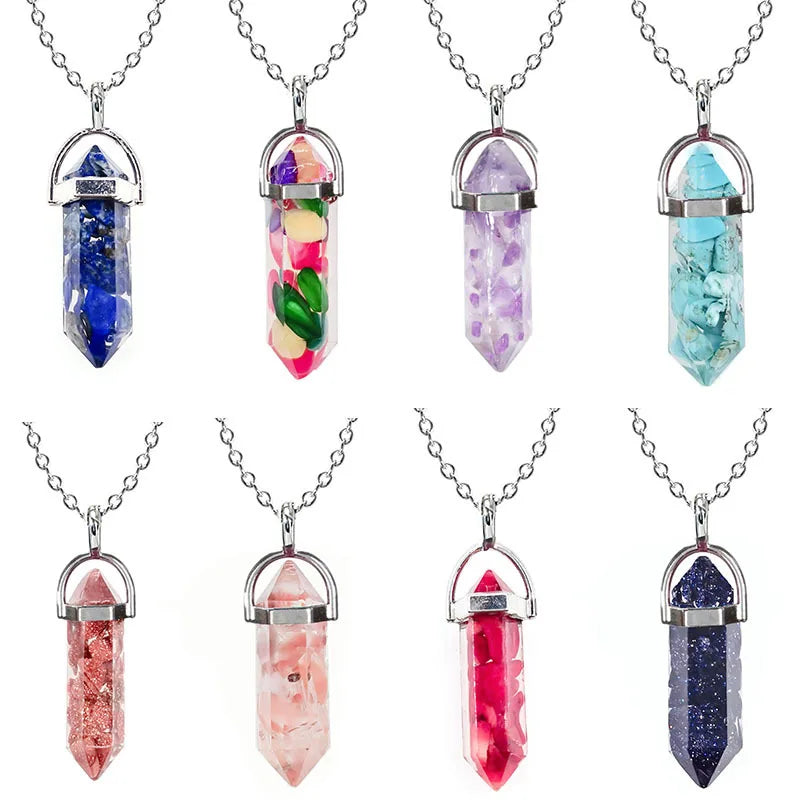 New Resin Natural Stone Crystal Healing Hexagonal Bullet Orgonite Pendant Necklace for Women and Men