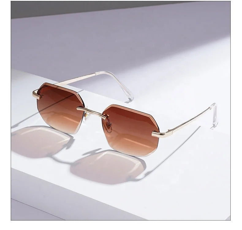 Fashion Men Sun Glasses 2024 Diamond Cut Shaped Rimless Small Hexagon Alloy Gradient Sunglasses