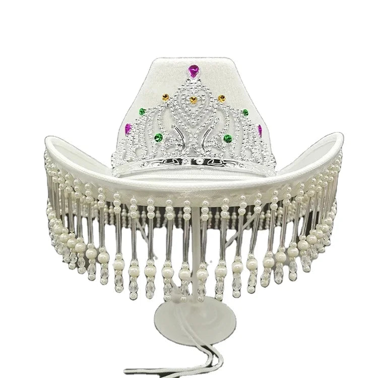 White Imperial Crown Cowgirl princess hat Pearls Fringe Bridal Cowboy Hats Bride to Be for Bachelorette Engagement Party