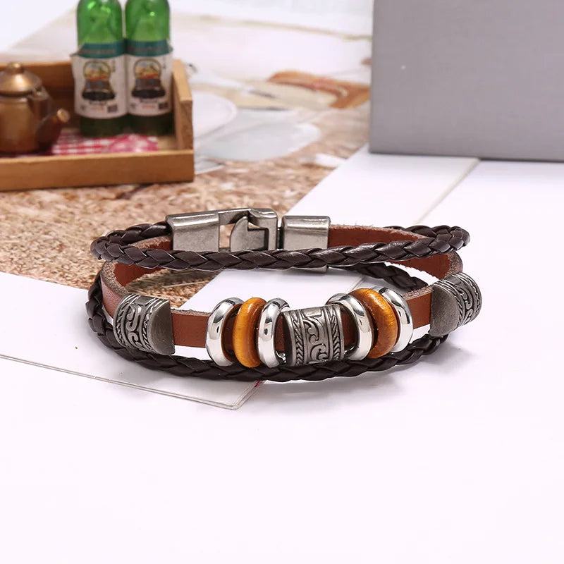Ethnic Style Bracelet Three-tiered Vintage Bracelet Ethnic Braided Men's Bracelet with Alloy Faux Leather Decorative