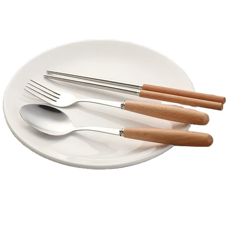 Premium Stainless Steel Flatware Set with Beech Wood Handle Spoon Fork Chopsticks Reusable Cutlery for Home Restaurant Gift