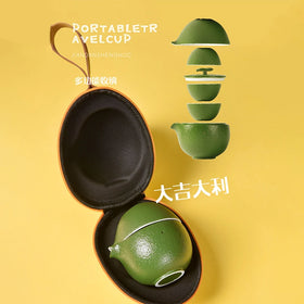 Creative Chinese Kung Fu Green Ceramic Travel Tea Set with Orange Design One Pot and Three Cups Outdoor Picnic Bag