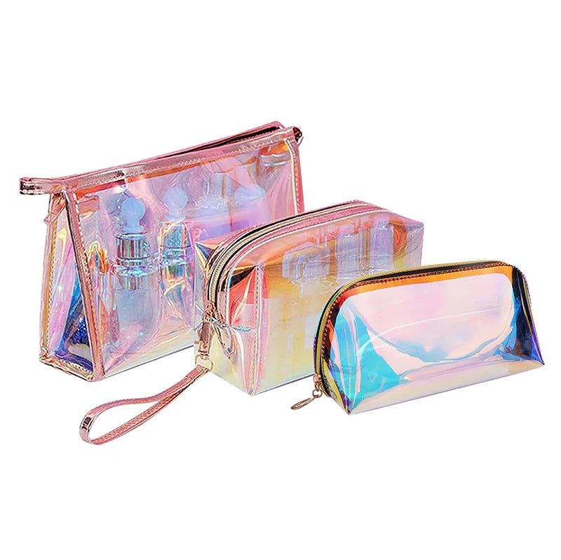 Clear Iridescent Holographic Makeup Bag Women Cosmetic Toiletry Pouch Waterproof Portable Zippered Cosmetic Bags Gift Bags