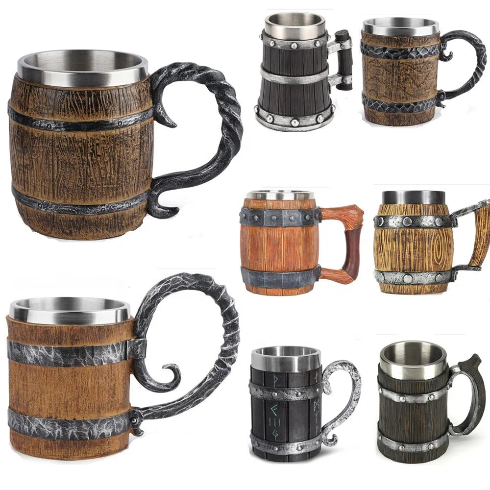 Medieval Series M03 Germany Stainless Steel Tankard 22oz Resin Mug Imitation Wood Wine Bucket for Beer Barrel Bar Giveaways