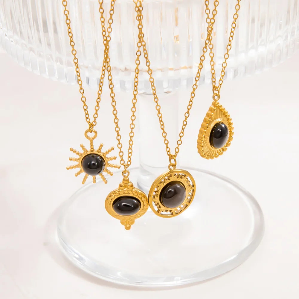 Light Luxury 18k Real Gold Plating Fashion Simple Stainless Steel Black Agate Pendant Necklace for Women