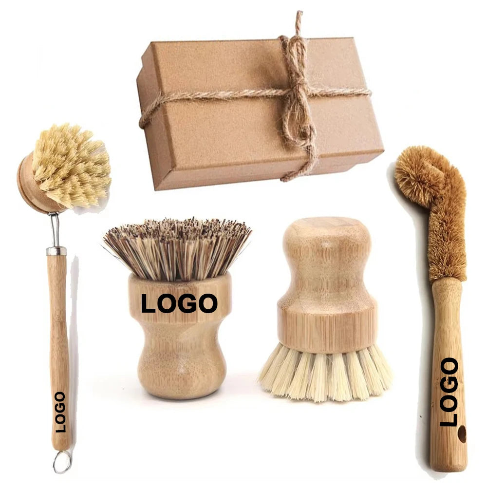 Custom Logo Kitchen Bamboo Cleaning Brushes Set 100% Natural Eco Friendly Sisal Plam Cleaning Brush for Washing Cast