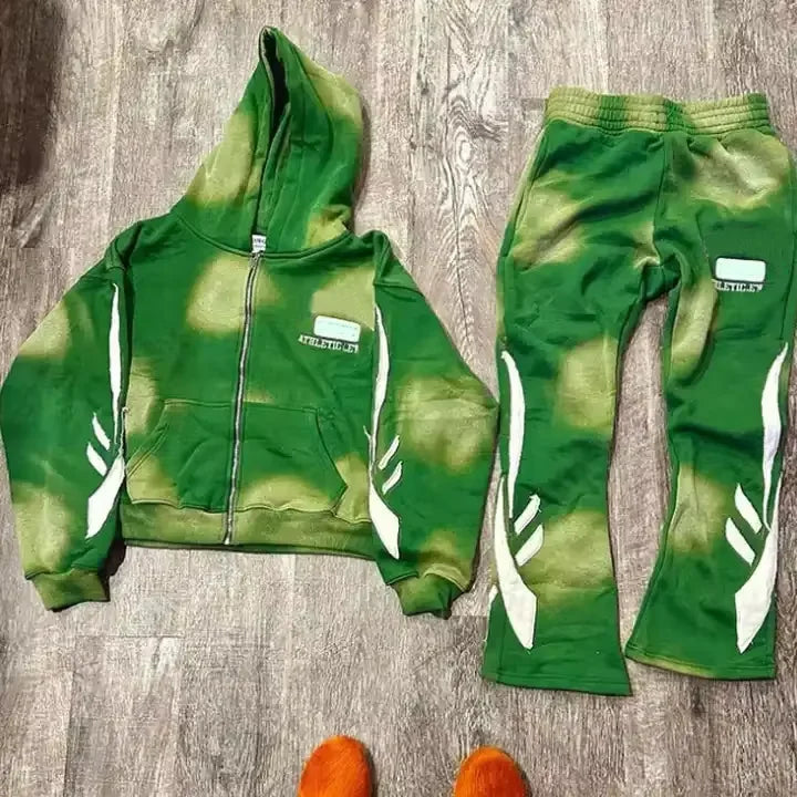 Custom LOGO Sweatsuits Acid Washed Sweat Suits Zipper Hoodies Jacket Tracksuit Set Acid Wash Distress Flared Sweatpants and Hood