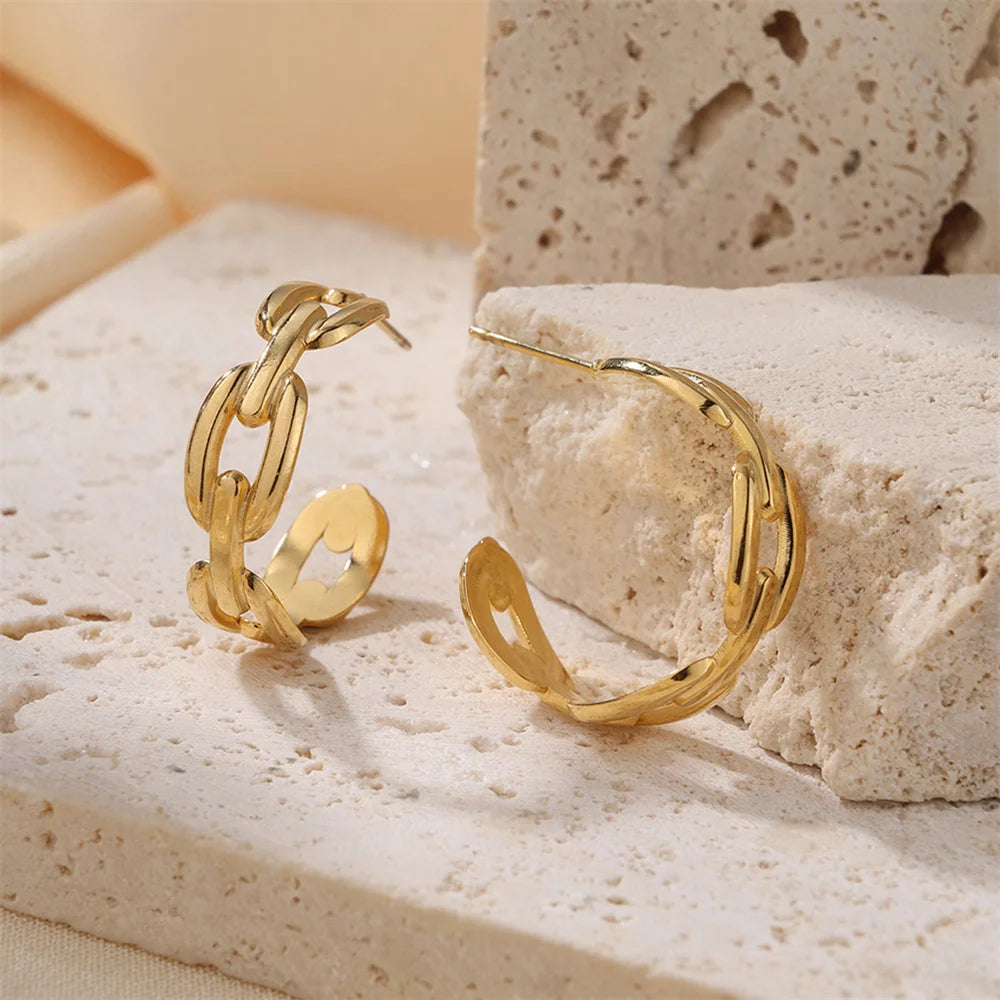 Women's Daily Jewelry Gold Plated Chain Style Hoop Earrings Tarnish Free Stainless Steel Crafted Non-Allergic Open Stud Earrings