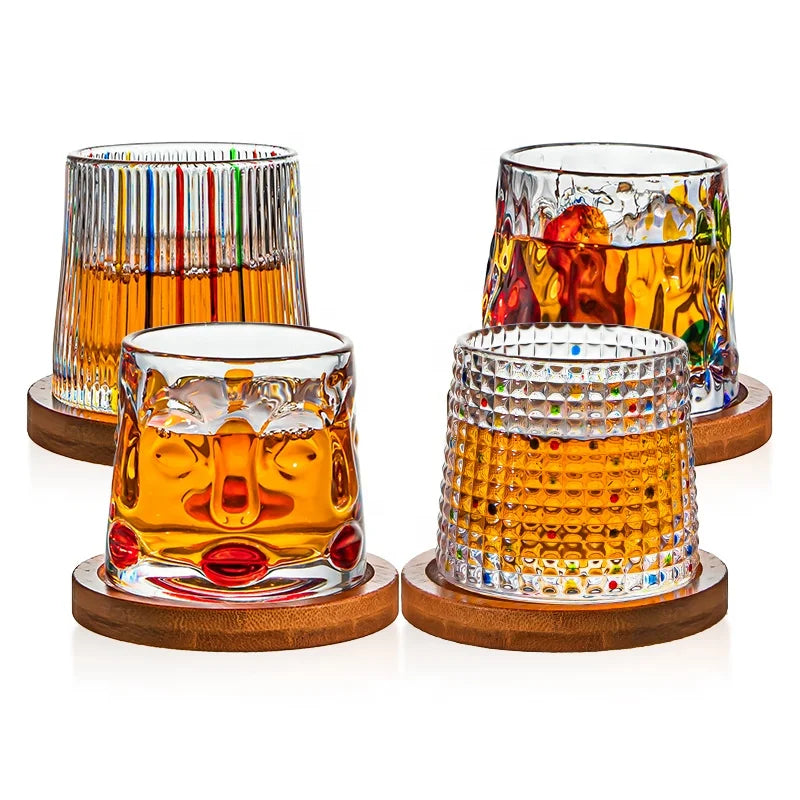 Multi-color Hand-painted Stress Relief Cup Colored Embossed Rotating Whiskey Tumbler Glass with Wooden Base